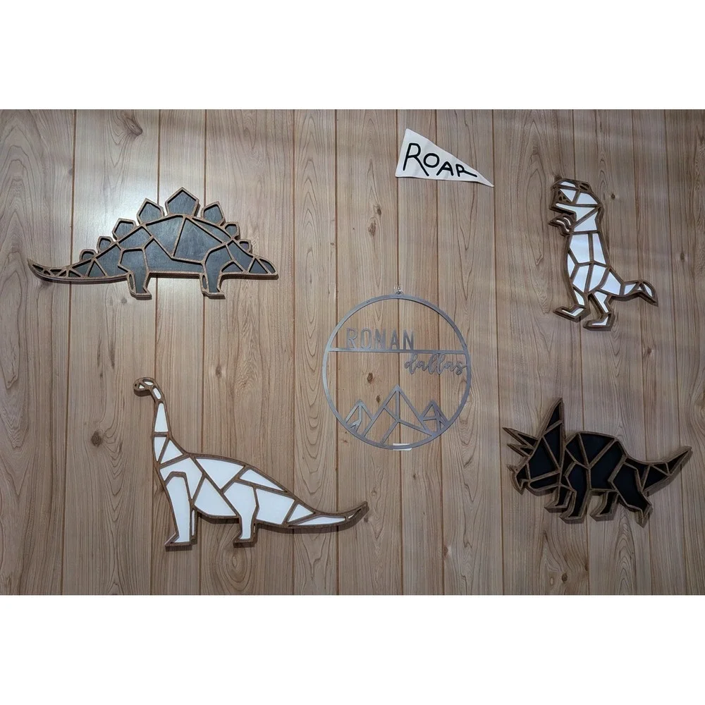 Geometric Wooden Dinosaur Wall Art Decor Nursery Boy Home Handmade White Black